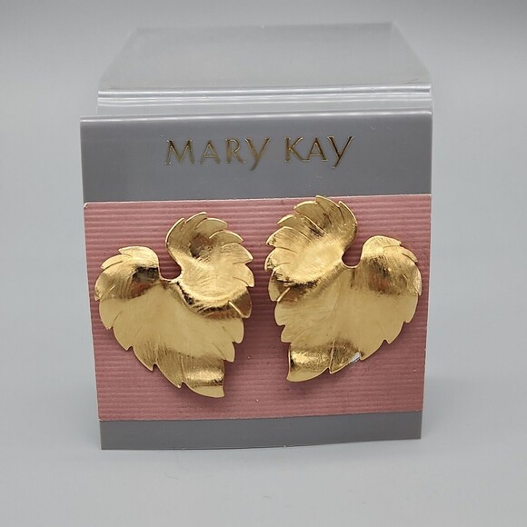 Vintage Mary Kay Large Gold Leaf Shape Clip-on Earrings 80's Bling - Picture 1 of 10